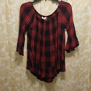 Off the shoulder blue and red top